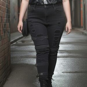 [[SHEIN]] Black Distressed Denim Jeans With Buckles